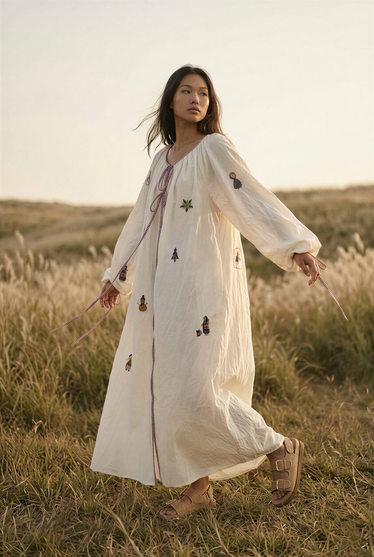 White Silk Gathered Midi Dress