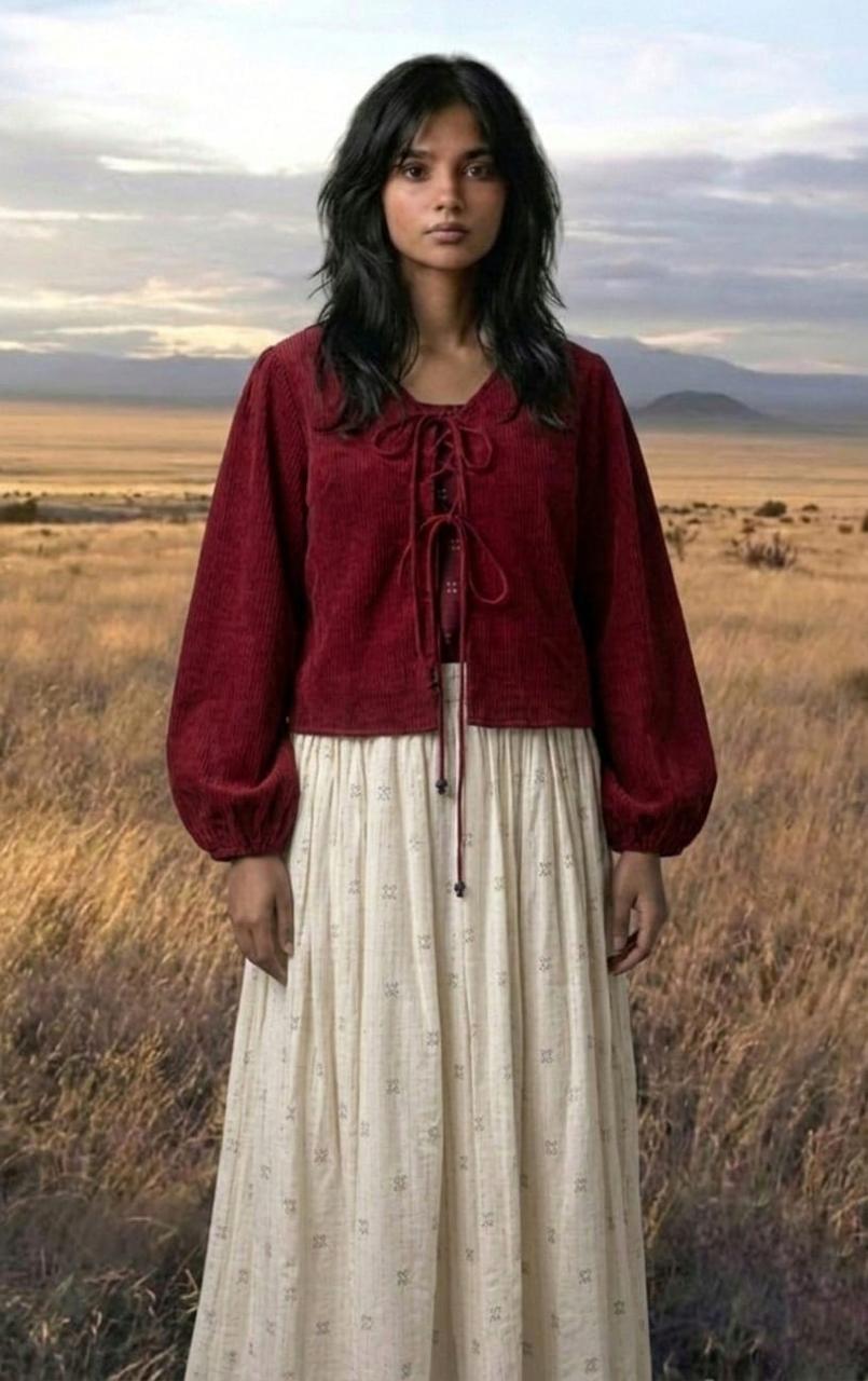 Red Printed Tie-Up Wool Top