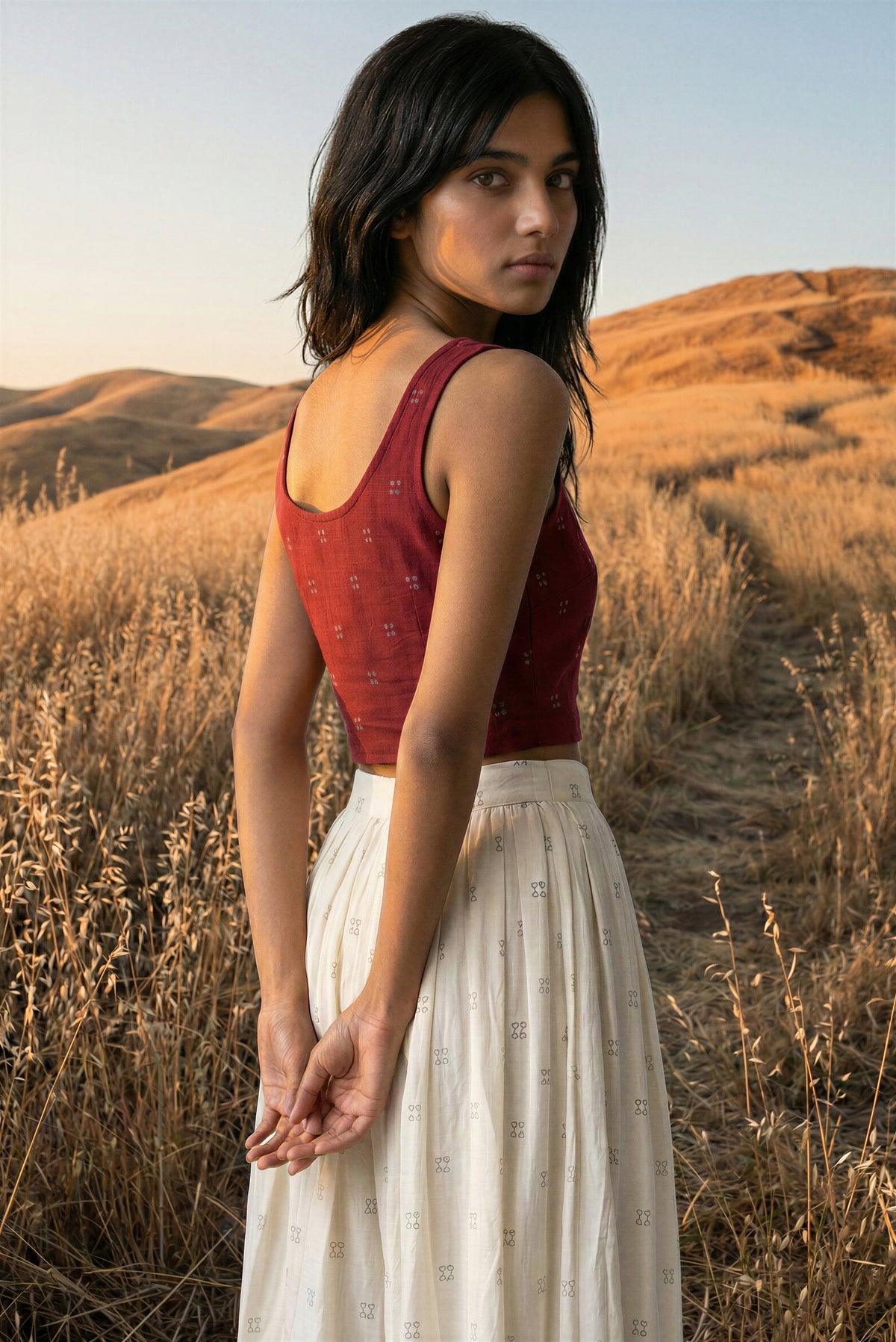 Red Printed Sleeveless Wool Top