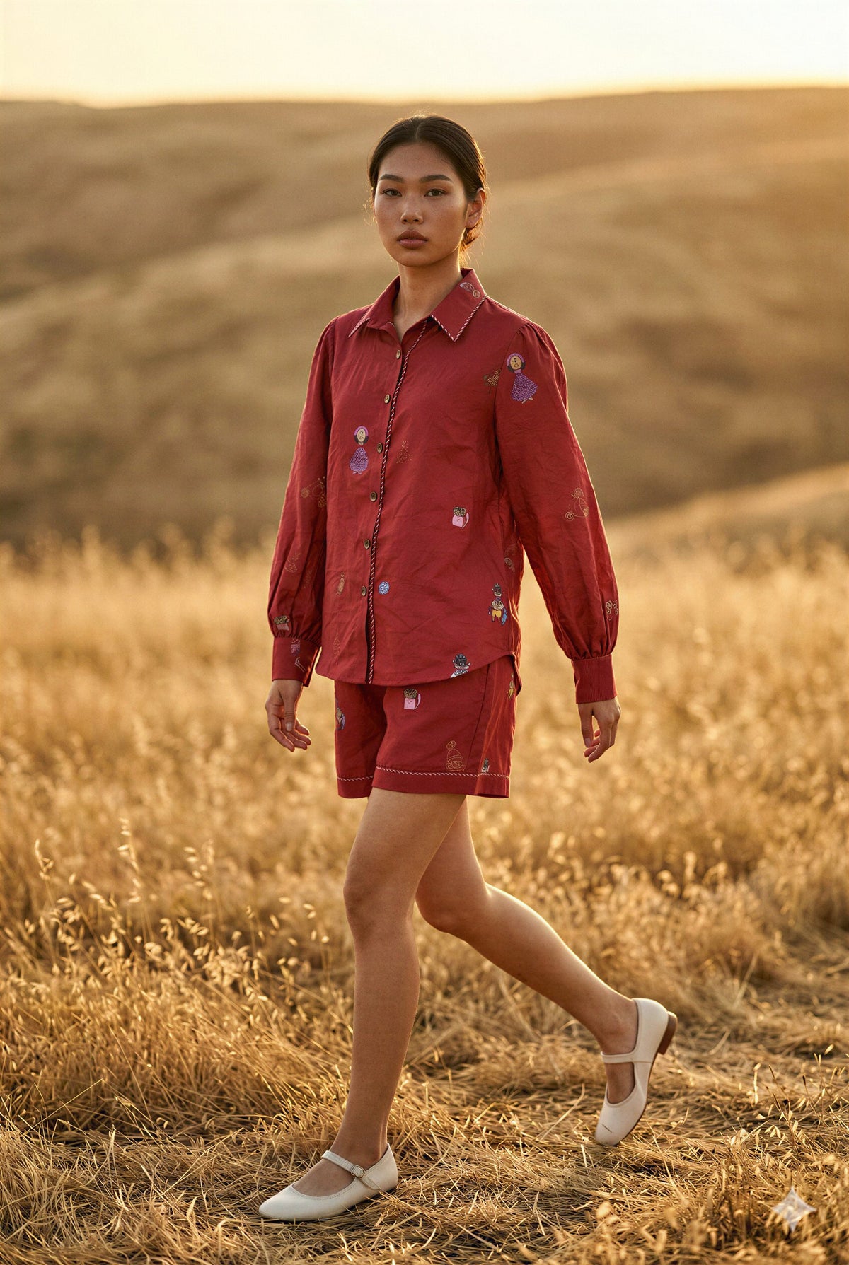 Red Silk Placement-Printed Shirt