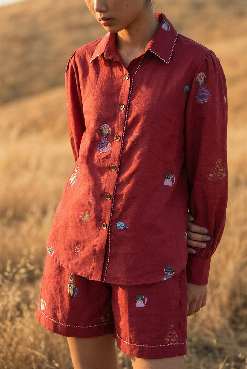 Red Silk Placement-Printed Shirt