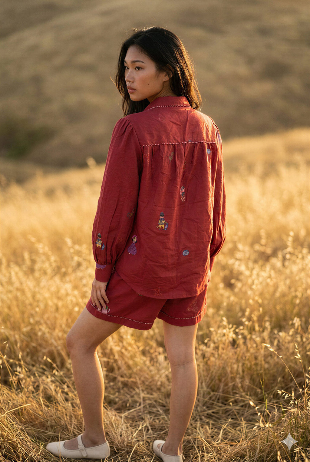 Red Silk Placement-Printed Shirt