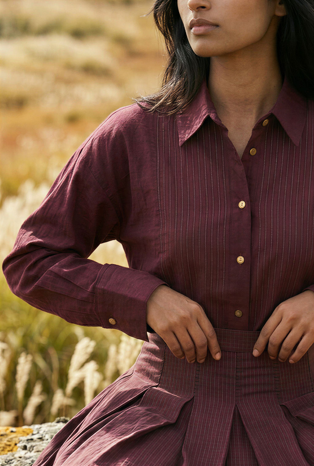 Burgundy Pintuck Silk Shirt