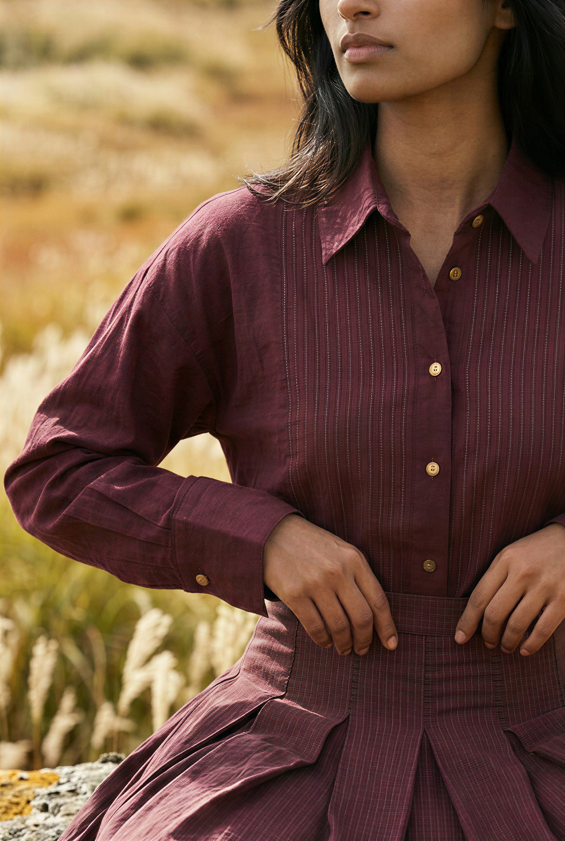 Burgundy Pintuck Silk Shirt