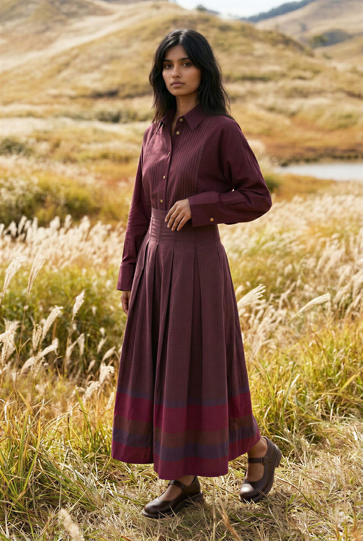 Burgundy Pintuck Silk Shirt