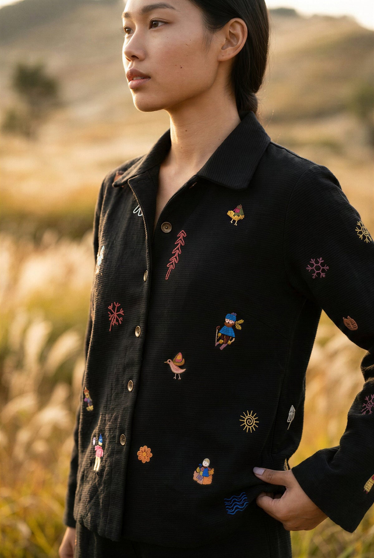Black Cotton Jacquard Embroidered Jacket