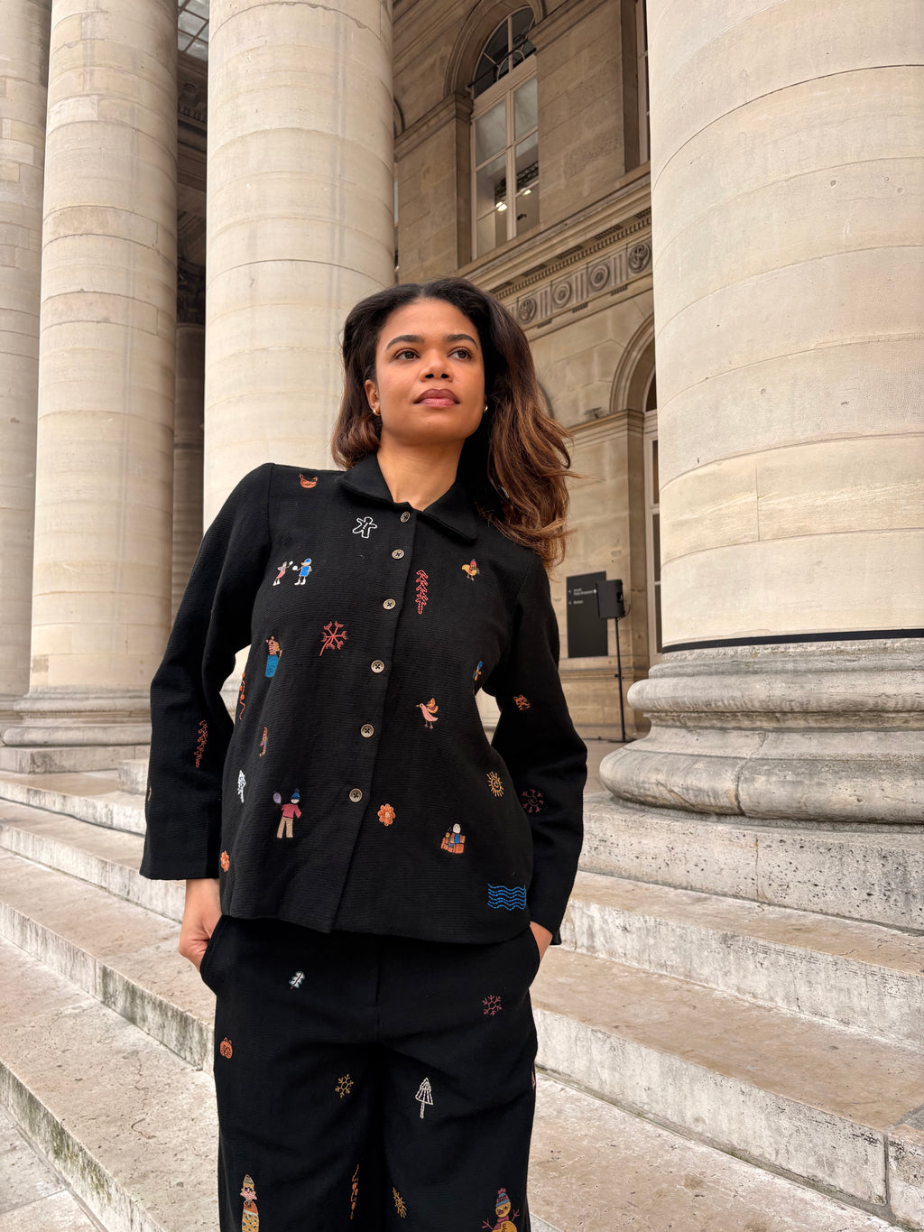 Black Cotton Jacquard Embroidered Jacket