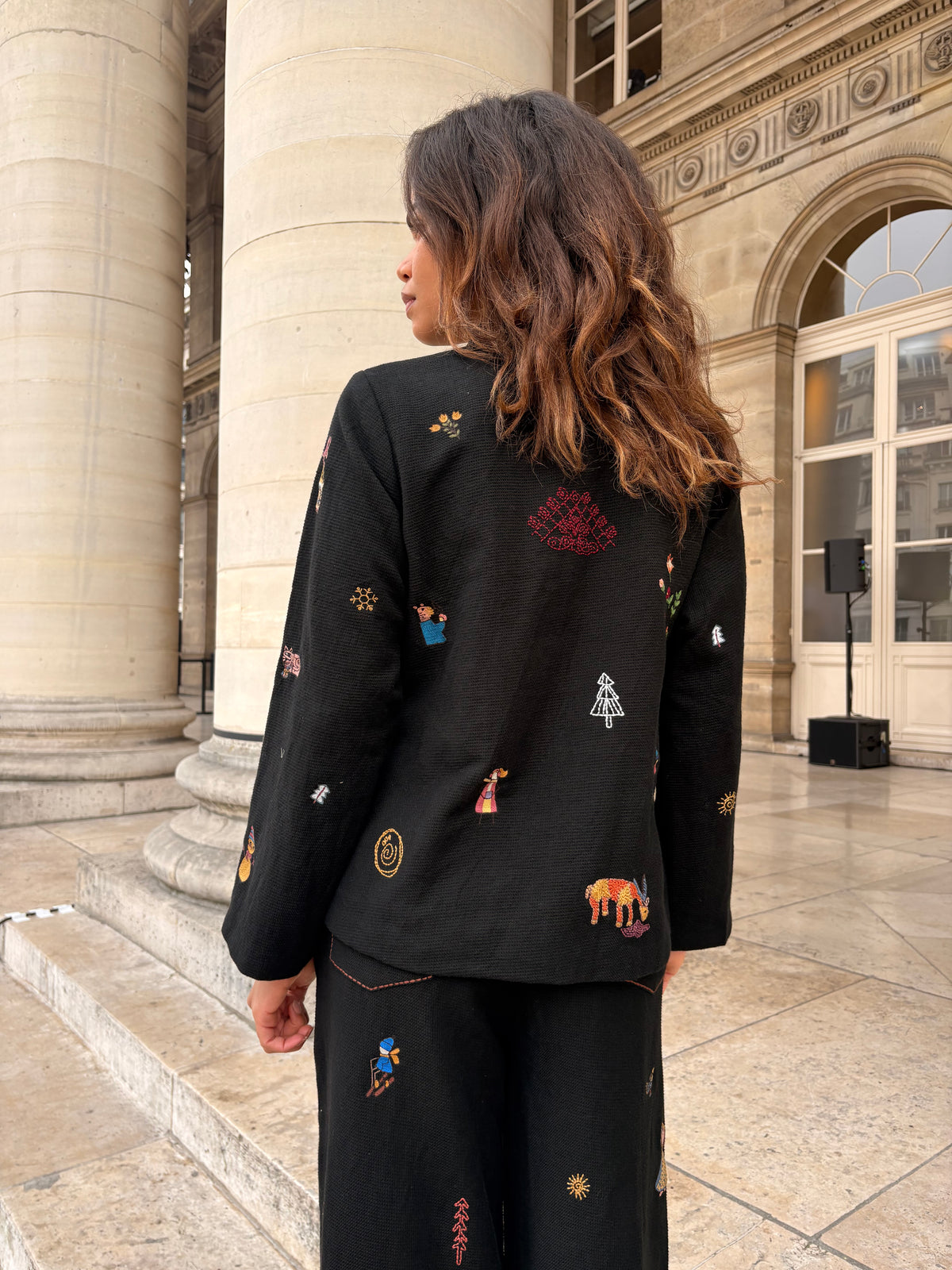 Black Cotton Jacquard Embroidered Jacket