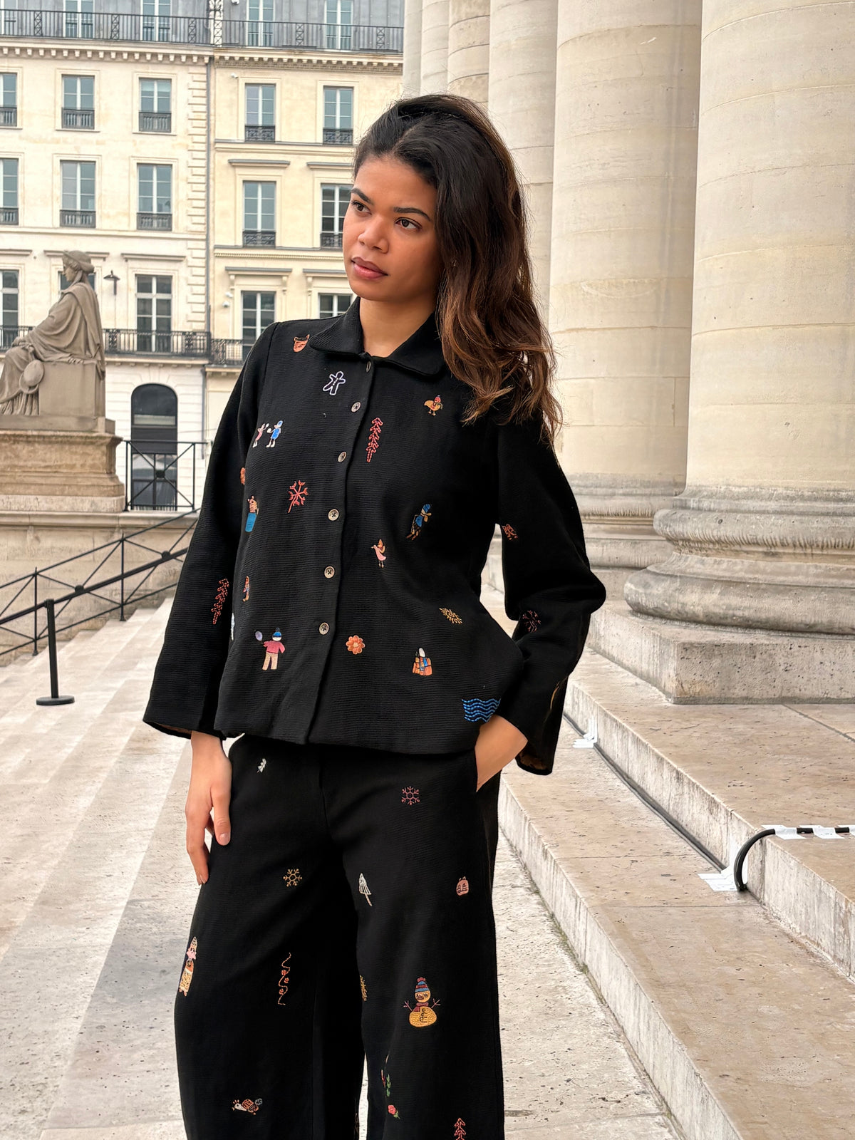 Black Cotton Jacquard Embroidered Jacket