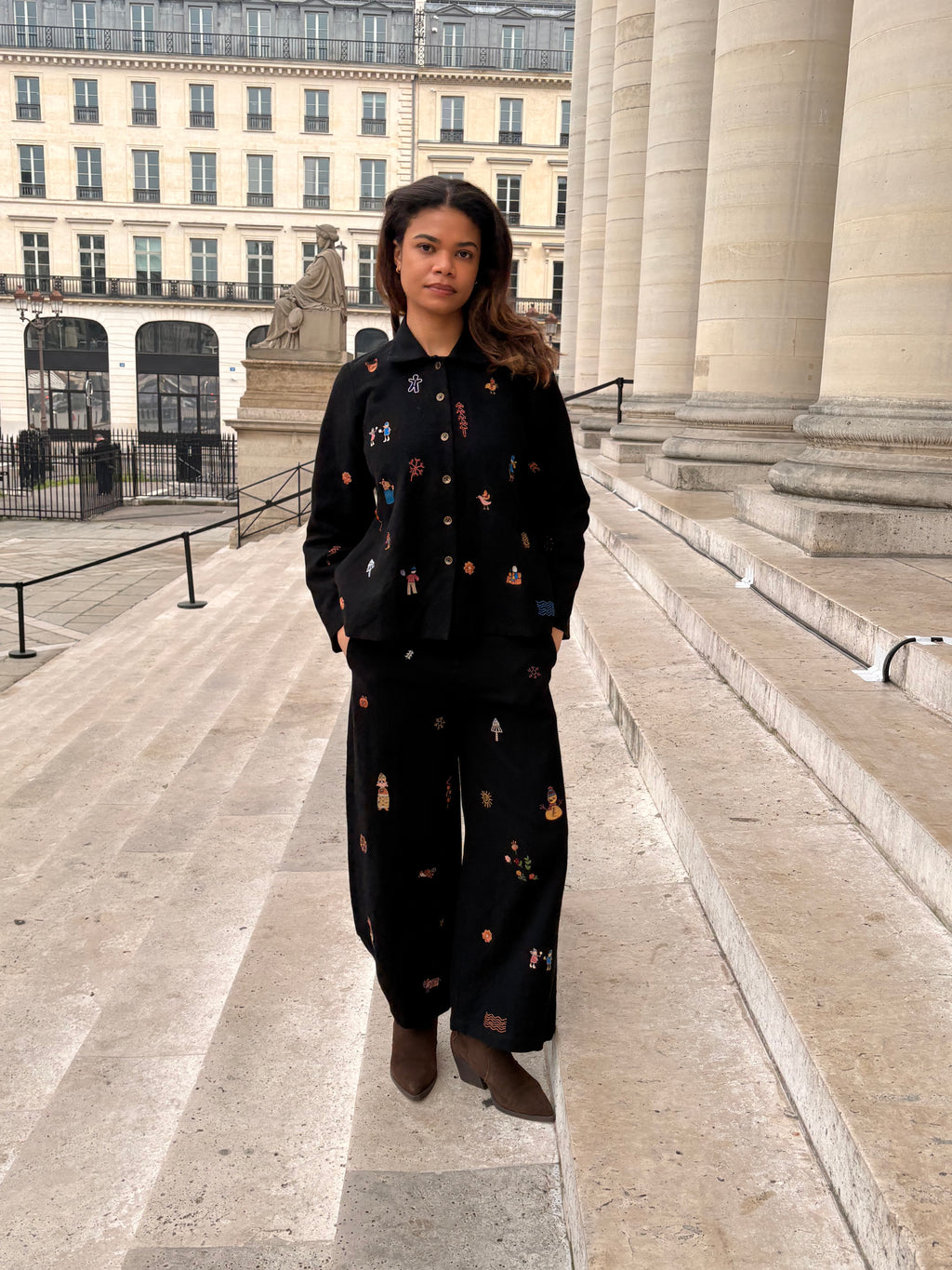 Black Cotton Jacquard Embroidered Pants