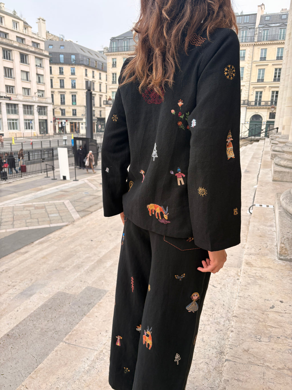 Black Cotton Jacquard Embroidered Pants