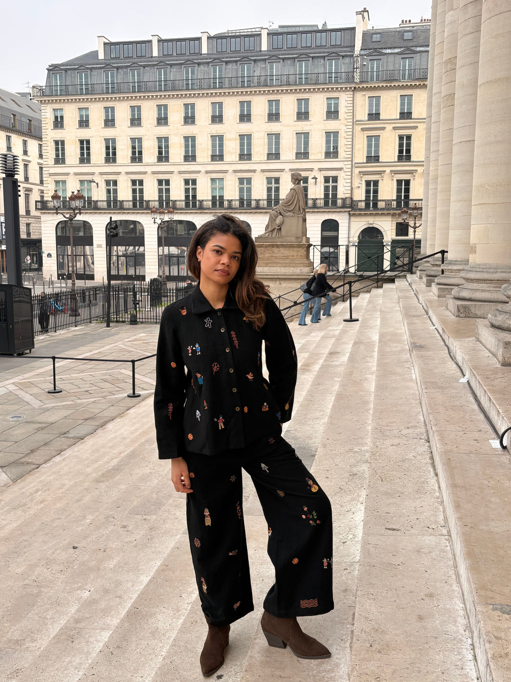 Black Cotton Jacquard Embroidered Pants