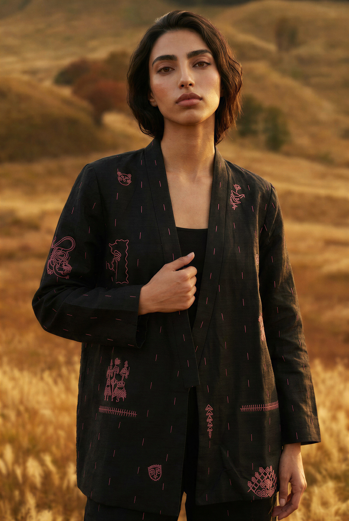 Black Jamdani Printed Kantha Embroidered Jacket