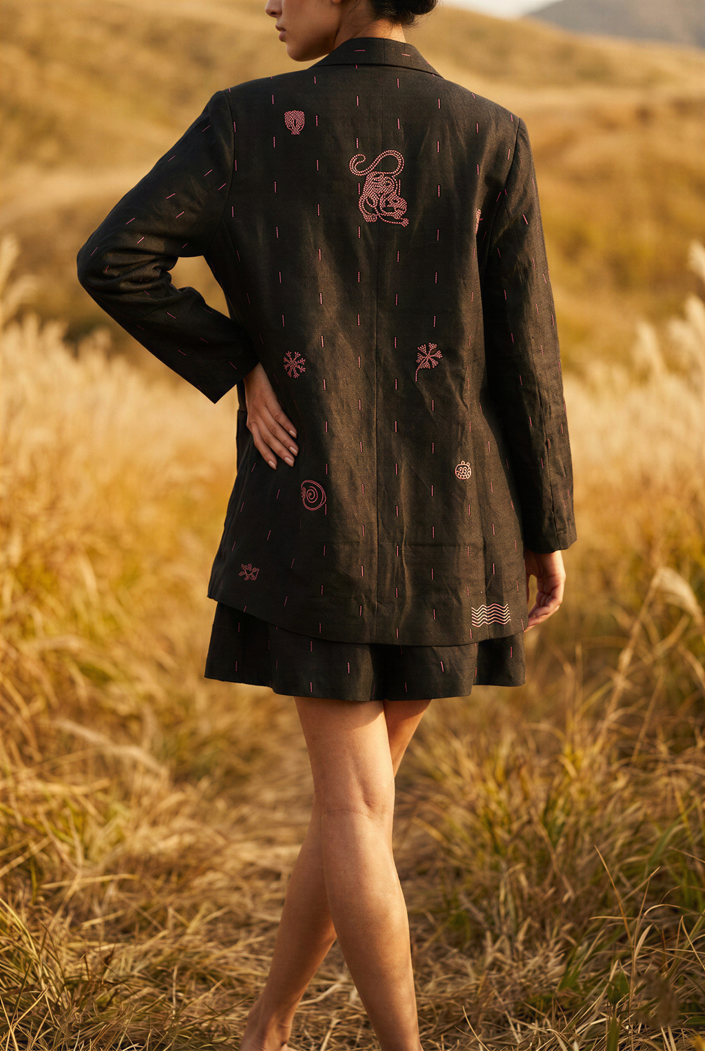 Black Jamdani Printed Kantha Embroidered Jacket
