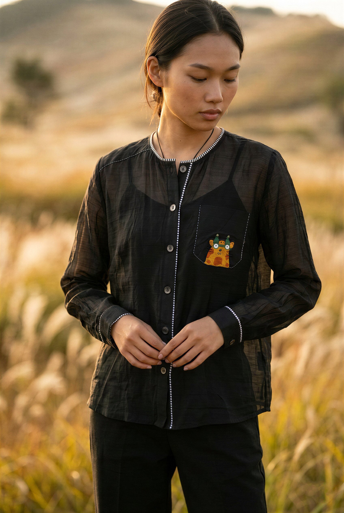 Black, Beige & Grey Striped Embroidered Shirt