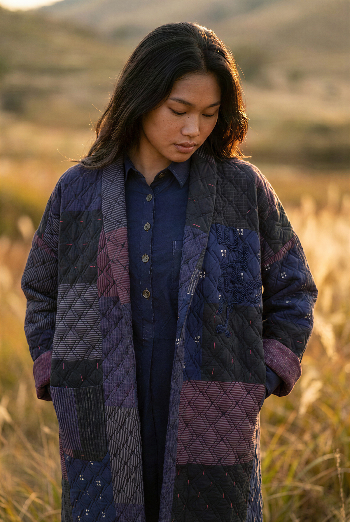 Blue Printed Spliced Quilted Kimono Jacket