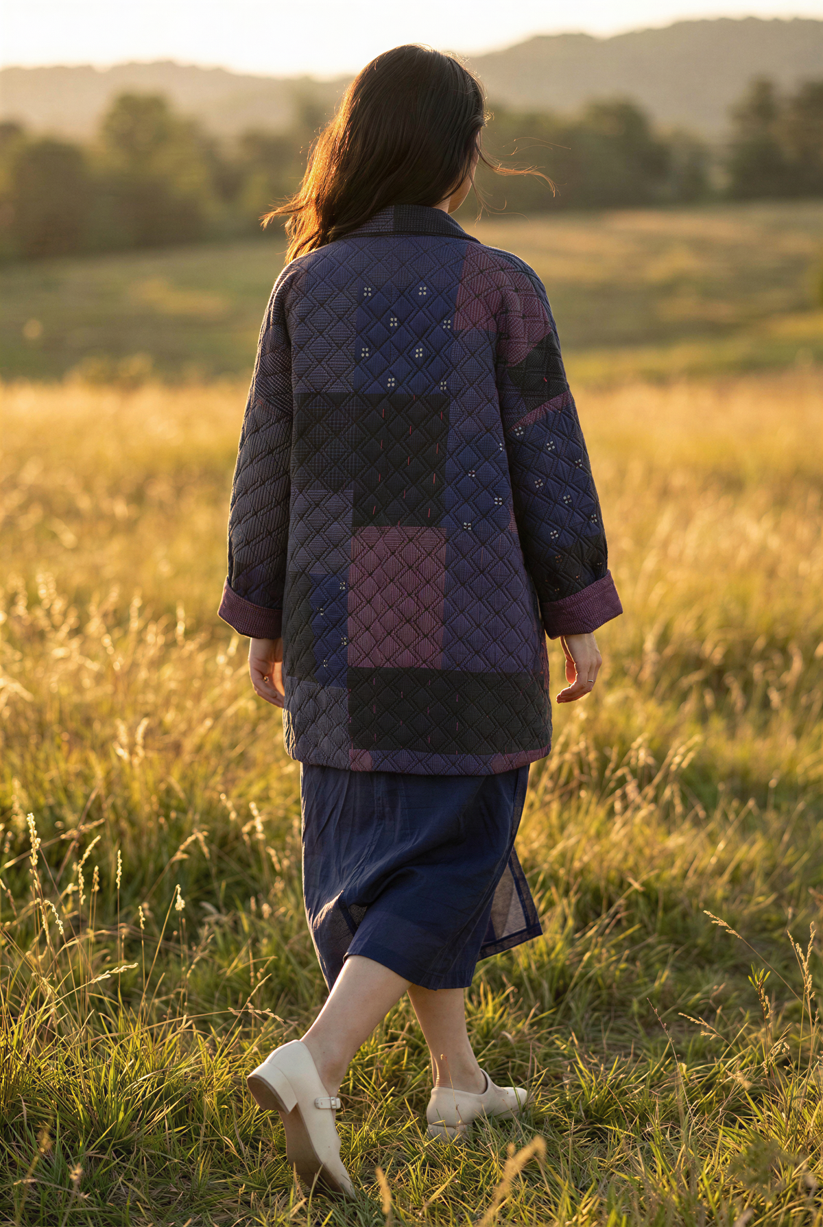 Blue Printed Spliced Quilted Kimono Jacket
