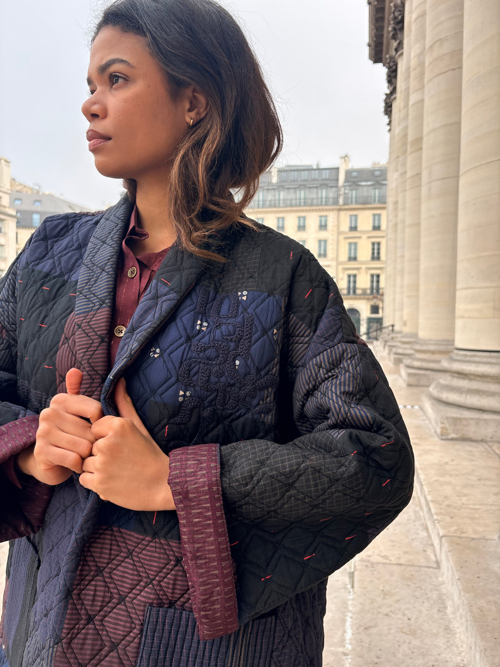 Blue Printed Spliced Quilted Kimono Jacket