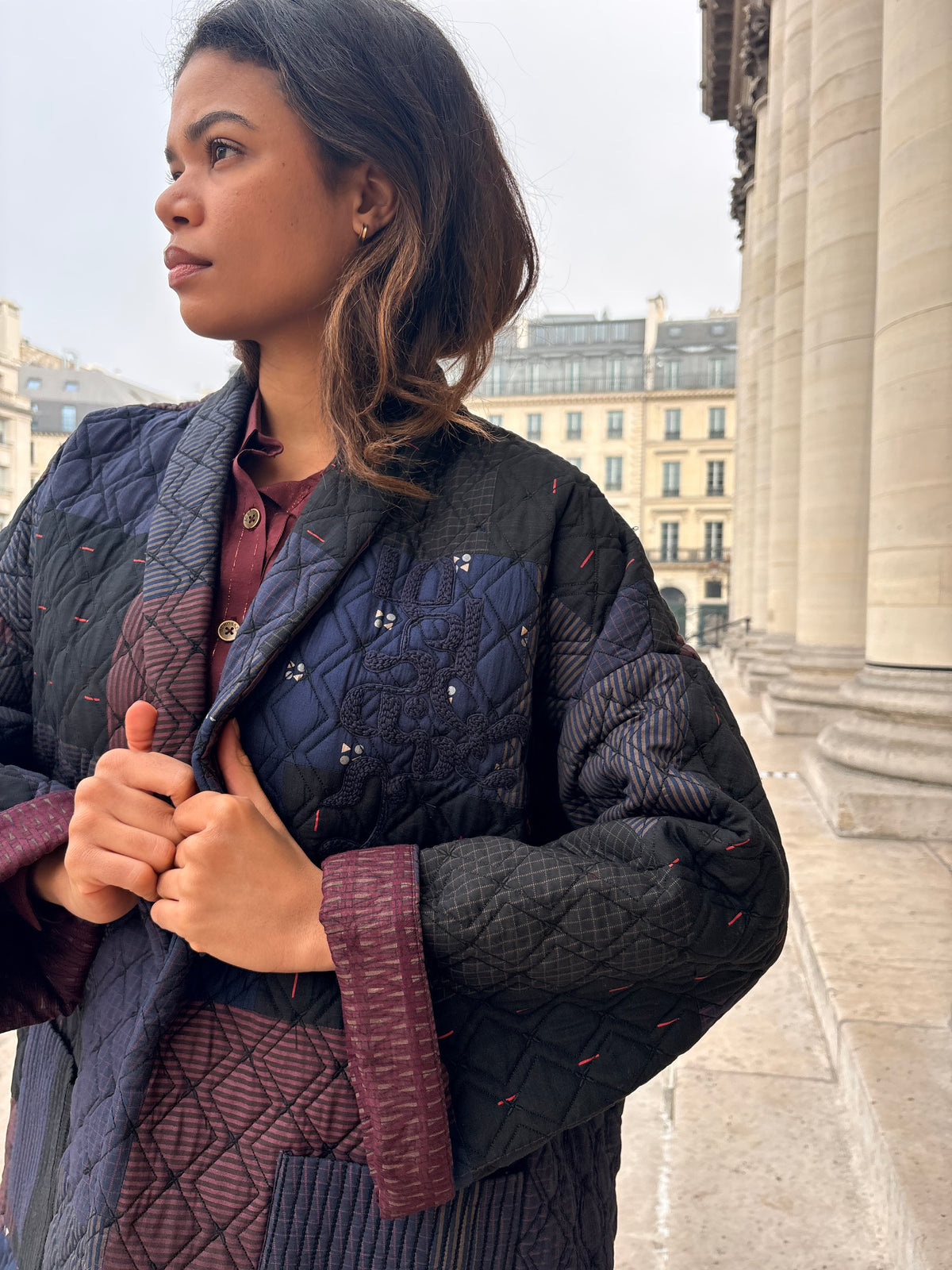 Blue Printed Spliced Quilted Kimono Jacket