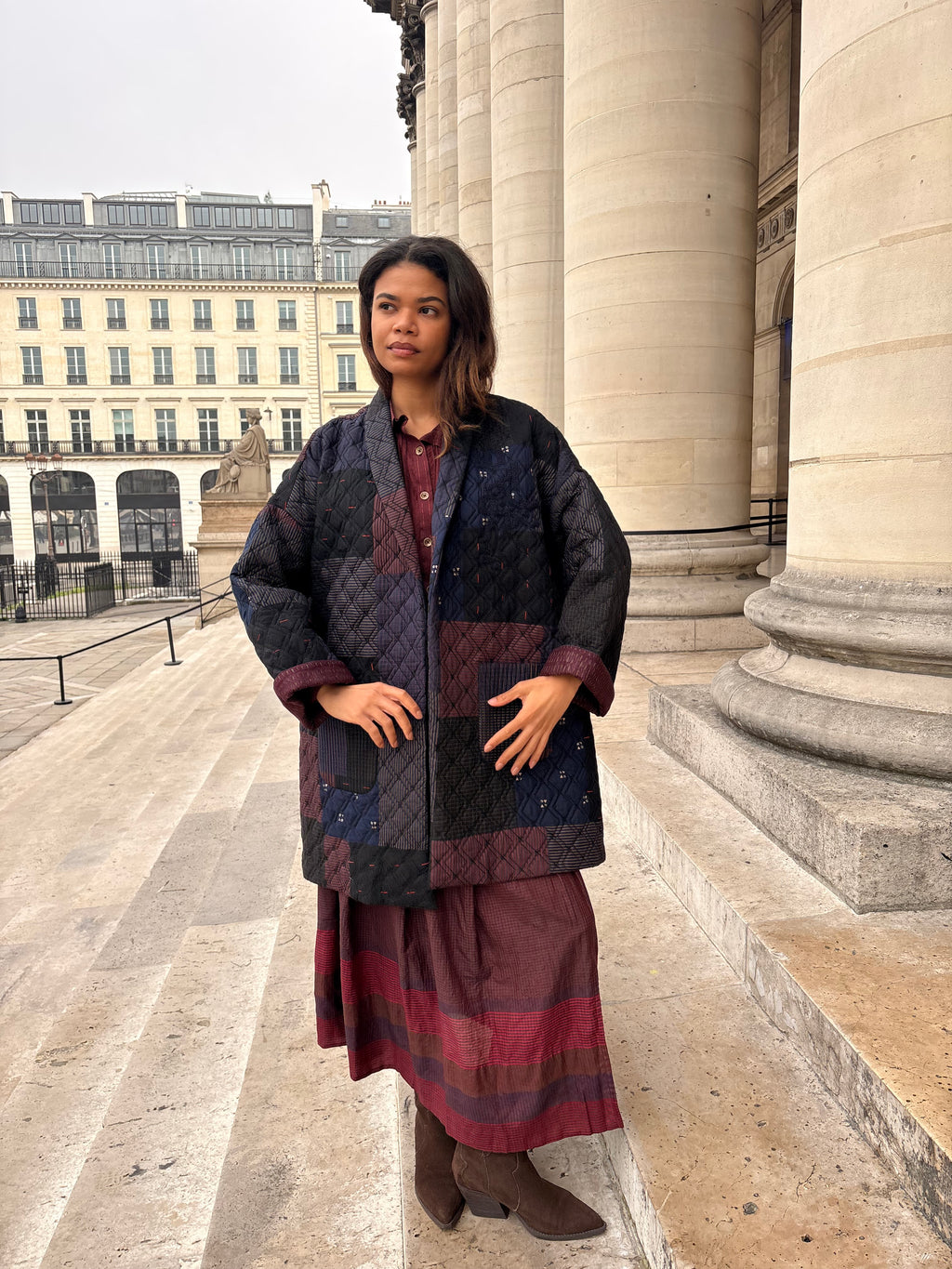 Blue Printed Spliced Quilted Kimono Jacket