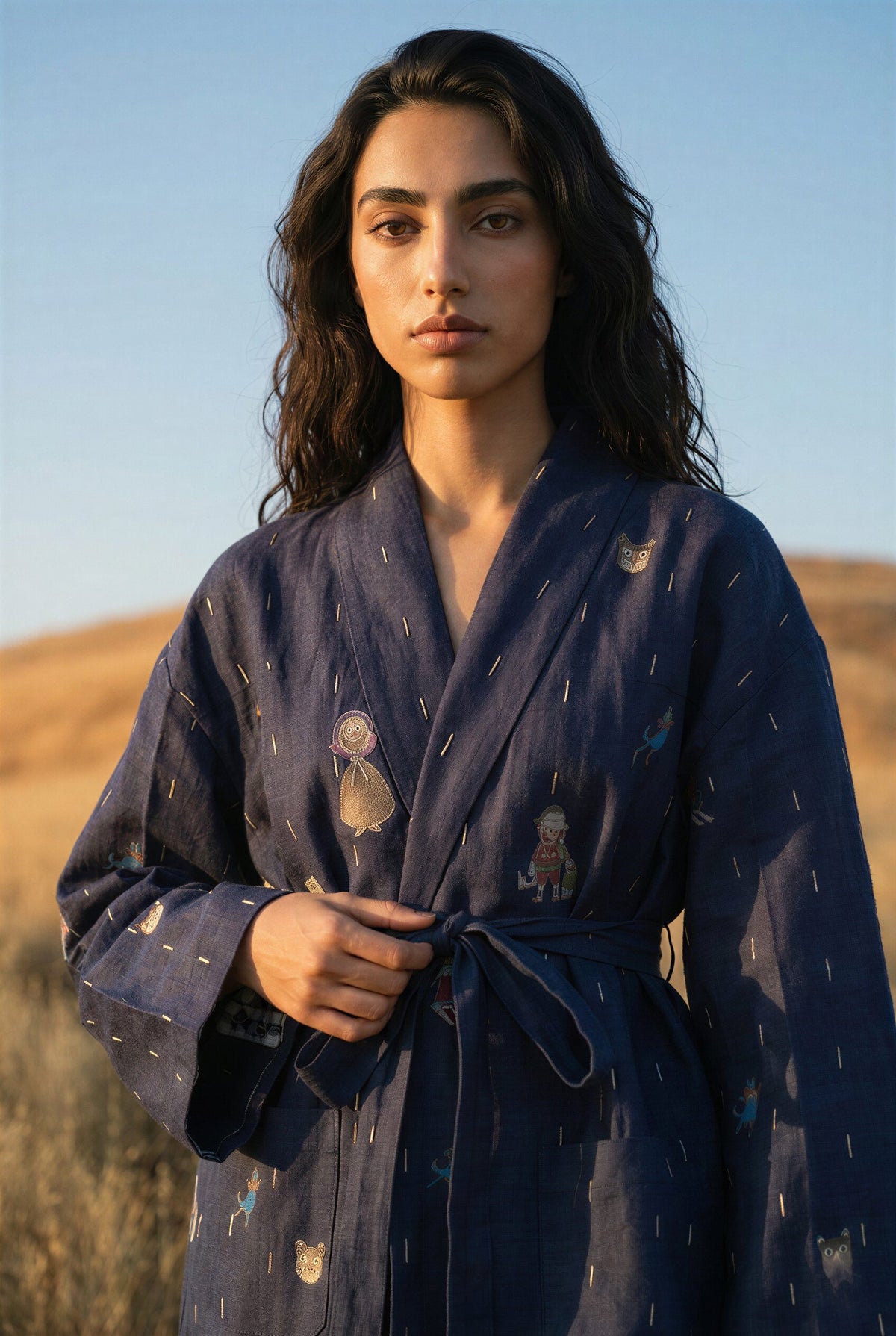 Blue Silk-Linen Printed Tie-Up Jacket