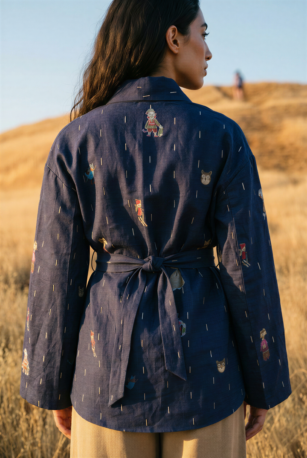 Blue Silk-Linen Printed Tie-Up Jacket