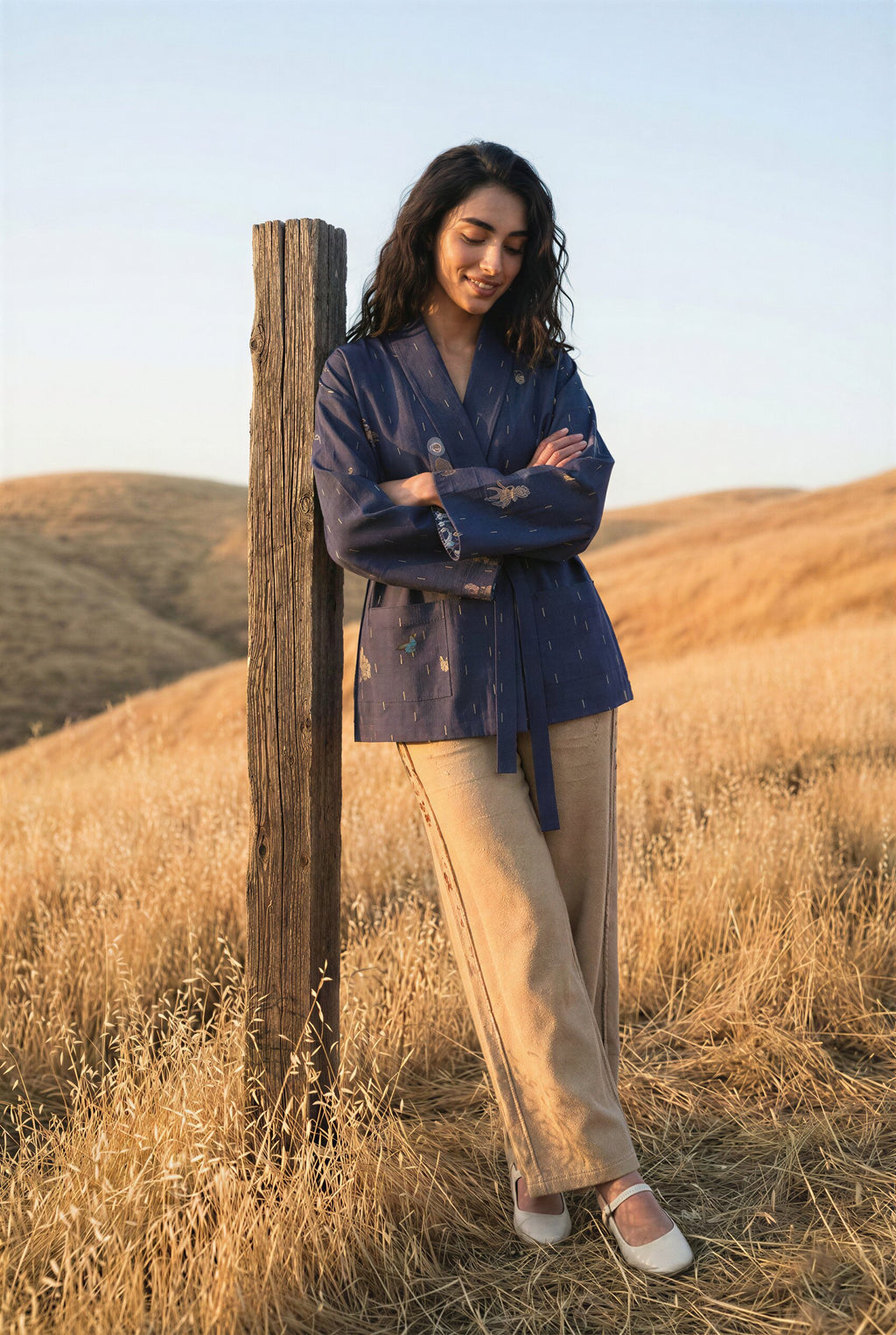 Blue Silk-Linen Printed Tie-Up Jacket