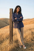 Blue Silk-Linen Printed Tie-Up Jacket