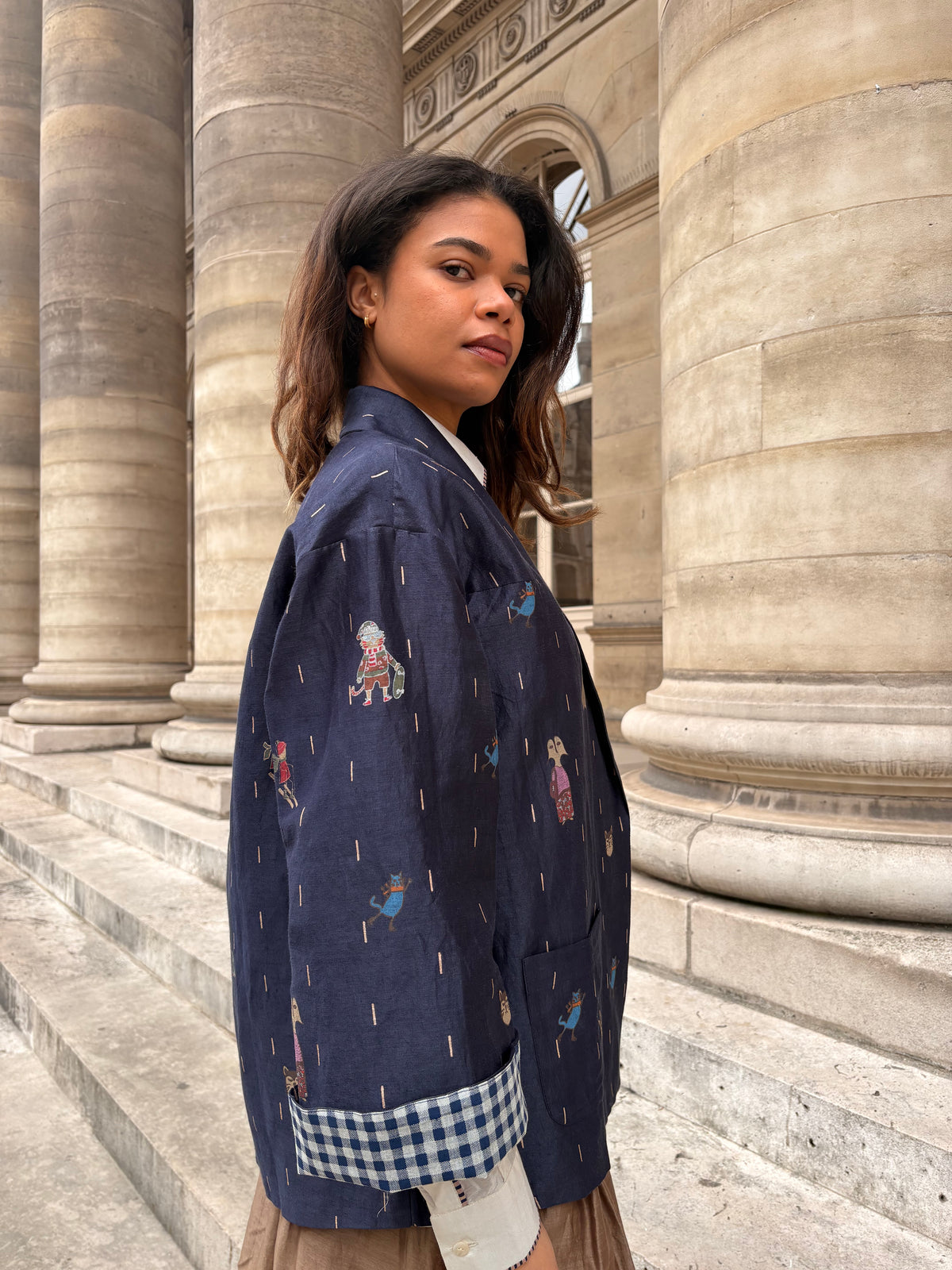 Blue Silk-Linen Printed Tie-Up Jacket