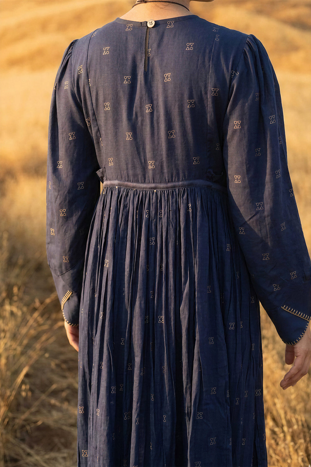 Blue Silk Warli Gathered Midi Dress