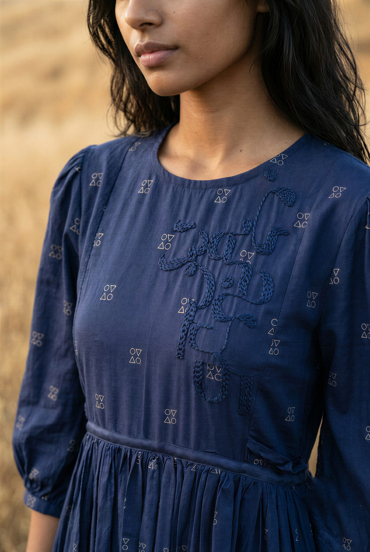 Blue Silk Warli Gathered Midi Dress