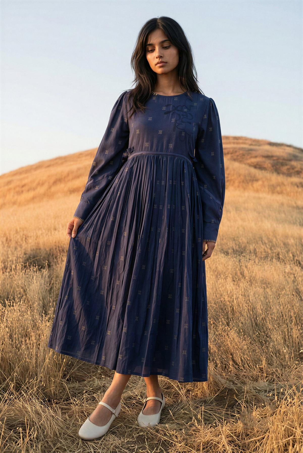 Blue Silk Warli Gathered Midi Dress