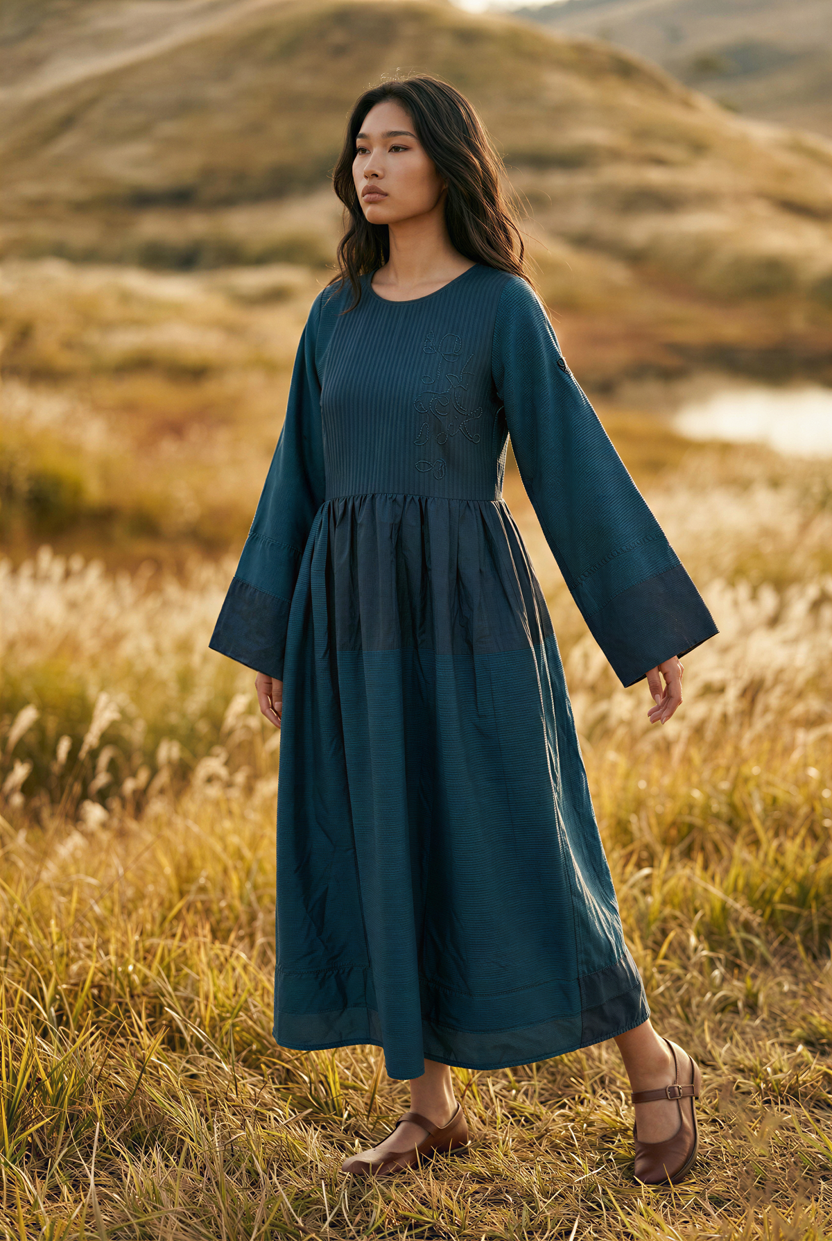 Teal Silk Nagpur Checks Midi Dress