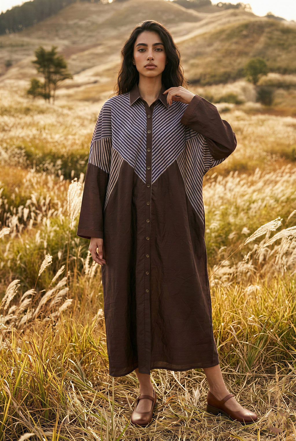 Brown Striped Lurex Shirt Dress