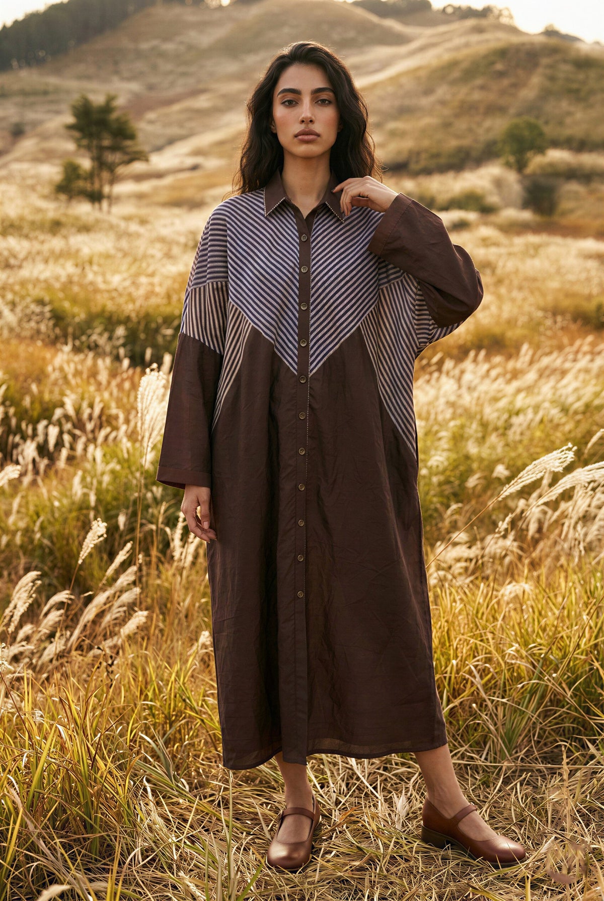Brown Striped Lurex Shirt Dress