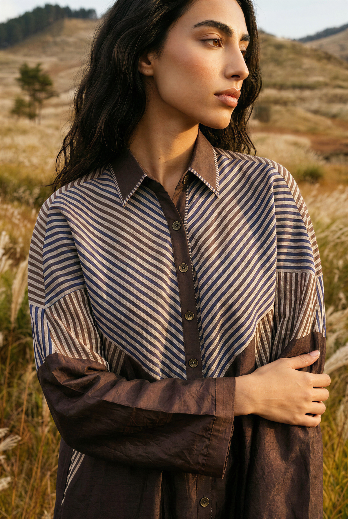 Brown Striped Lurex Shirt Dress