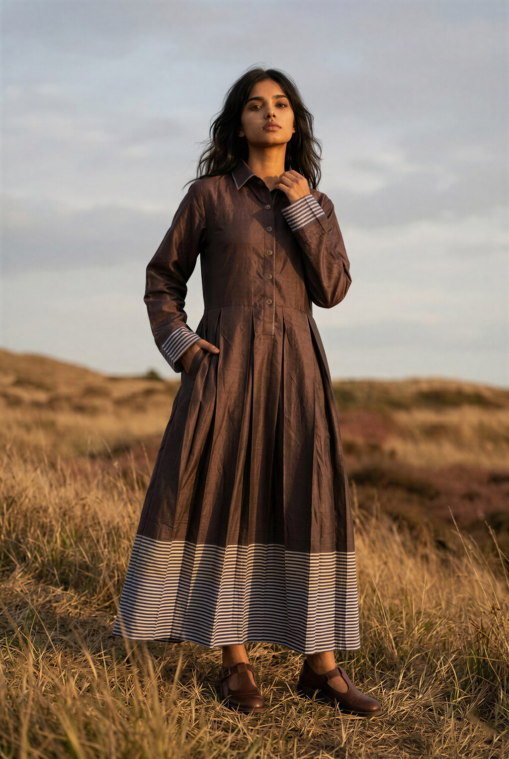 Brown Striped Lurex Pleated Midi Dress