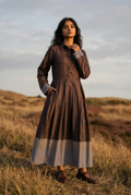 Brown Striped Lurex Pleated Midi Dress