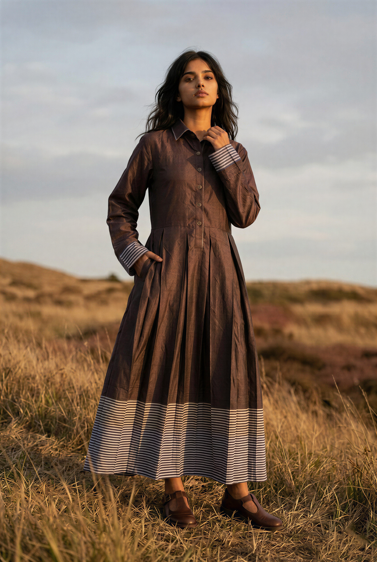 Brown Striped Lurex Pleated Midi Dress