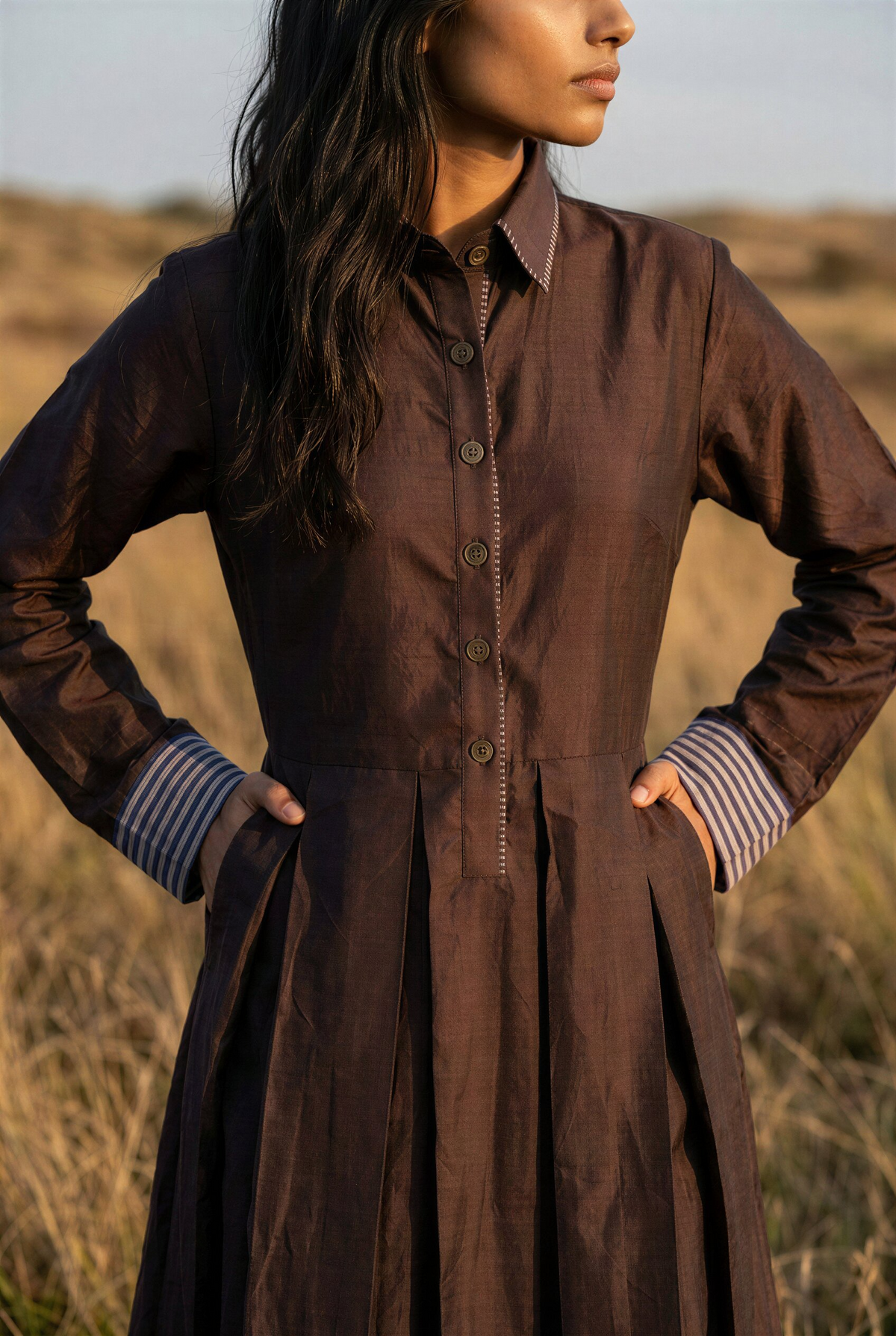 Brown Striped Lurex Pleated Midi Dress