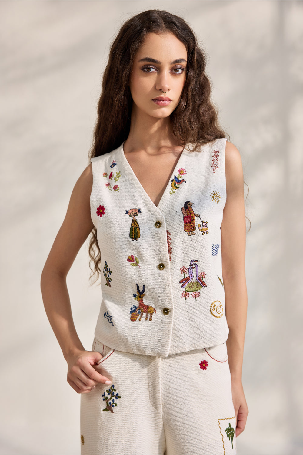 Ecru cotton jacquard embroidered waist coat top