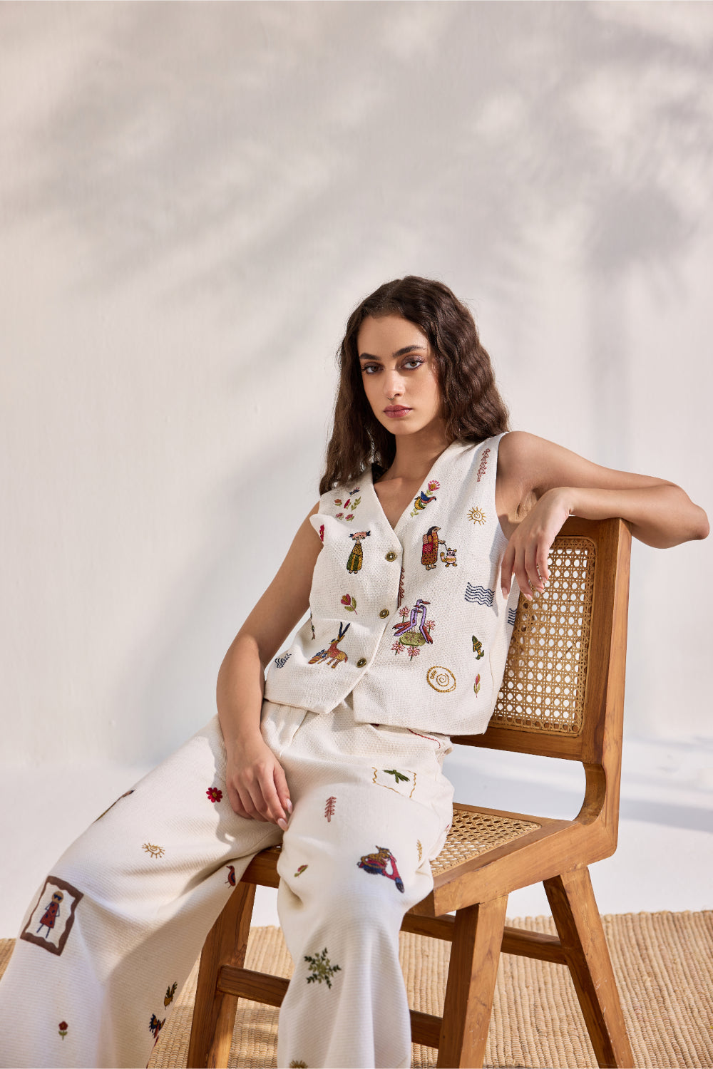 Ecru cotton jacquard embroidered waist coat top