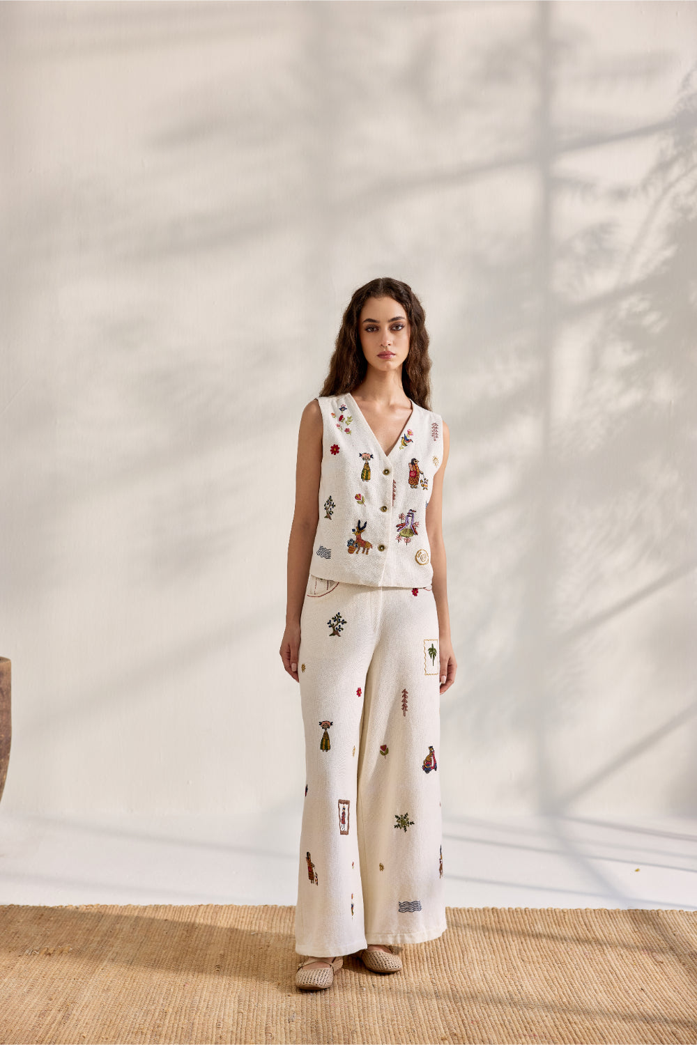 Ecru cotton jacquard embroidered waist coat top
