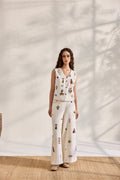 Ecru cotton jacquard embroidered waist coat top
