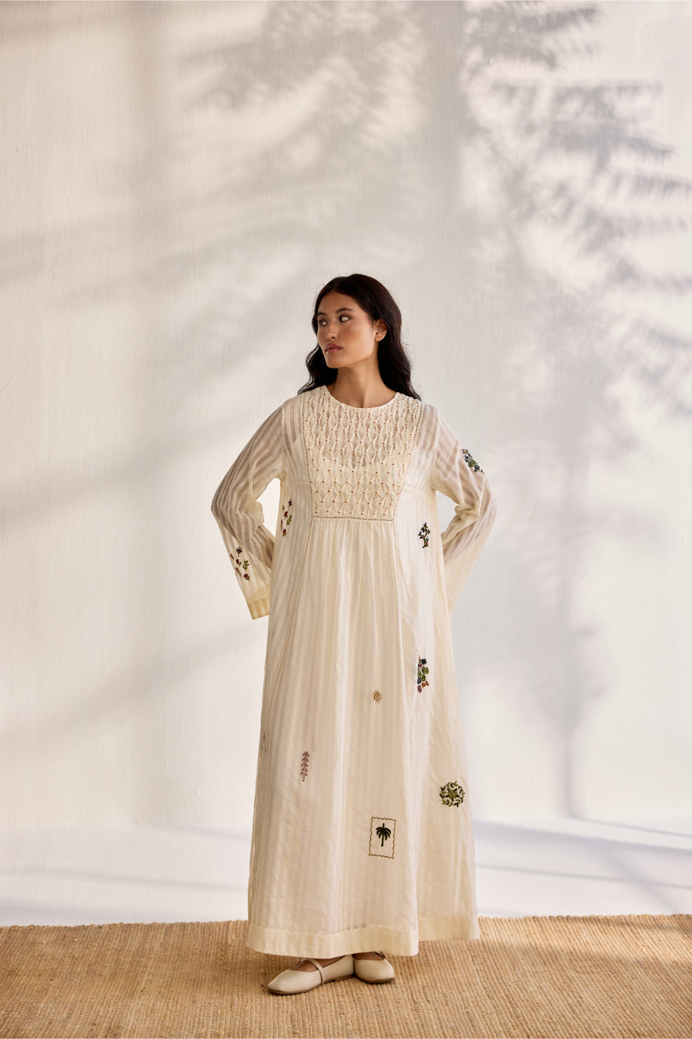 Ecru woven striped cotton embroidered relaxed midi