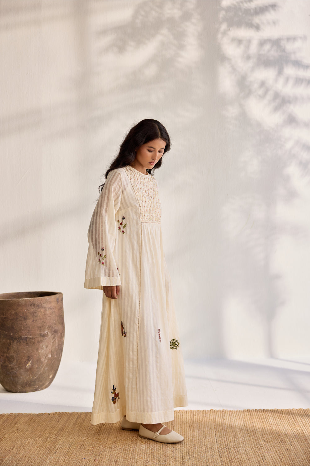 Ecru woven striped cotton embroidered relaxed midi