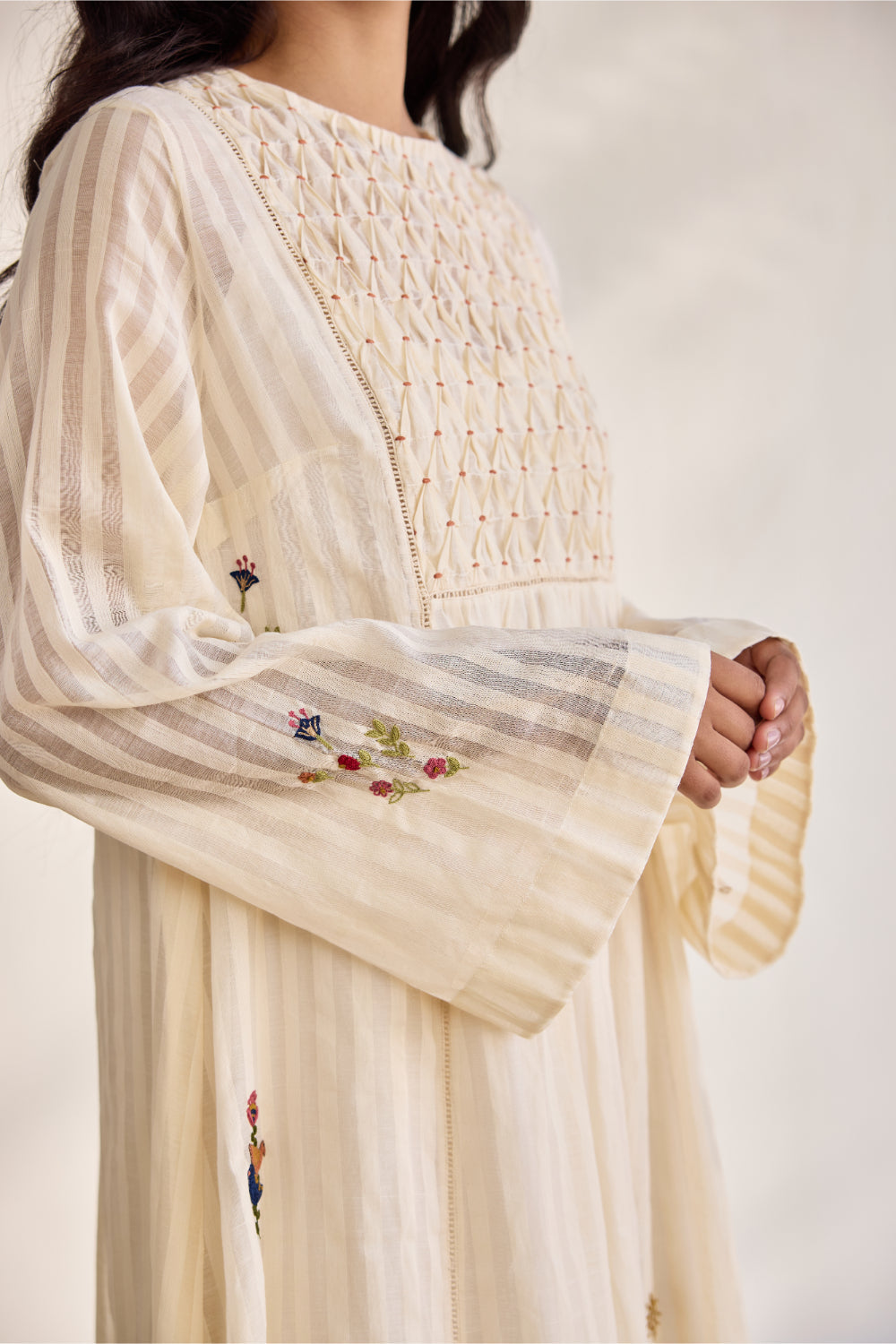 Ecru woven striped cotton embroidered relaxed midi