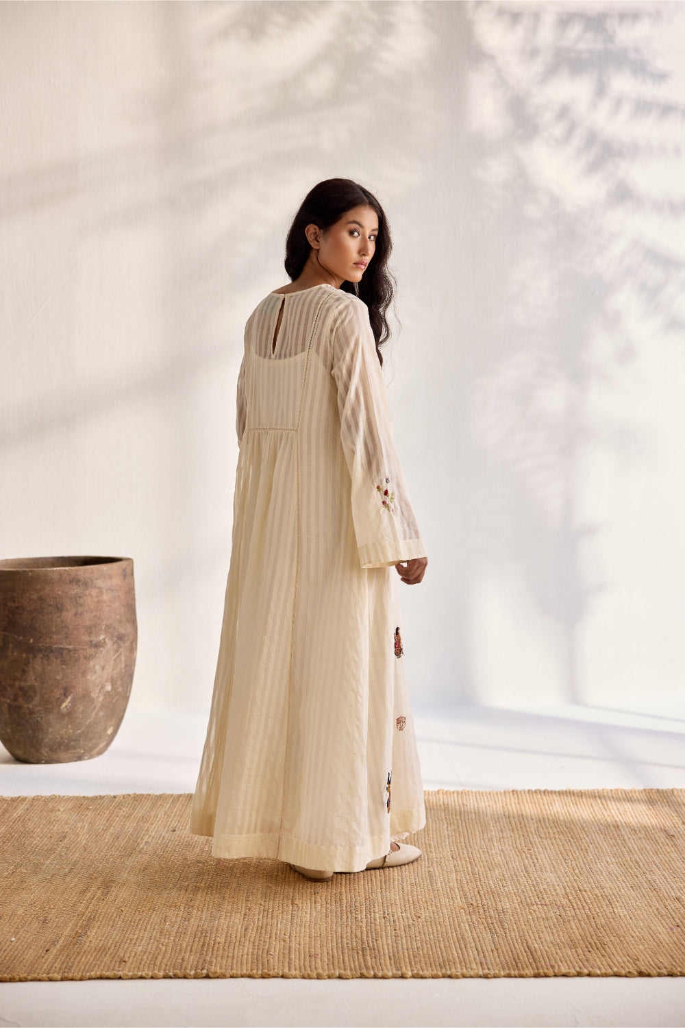 Ecru woven striped cotton embroidered relaxed midi