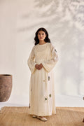 Ecru woven striped cotton embroidered relaxed midi