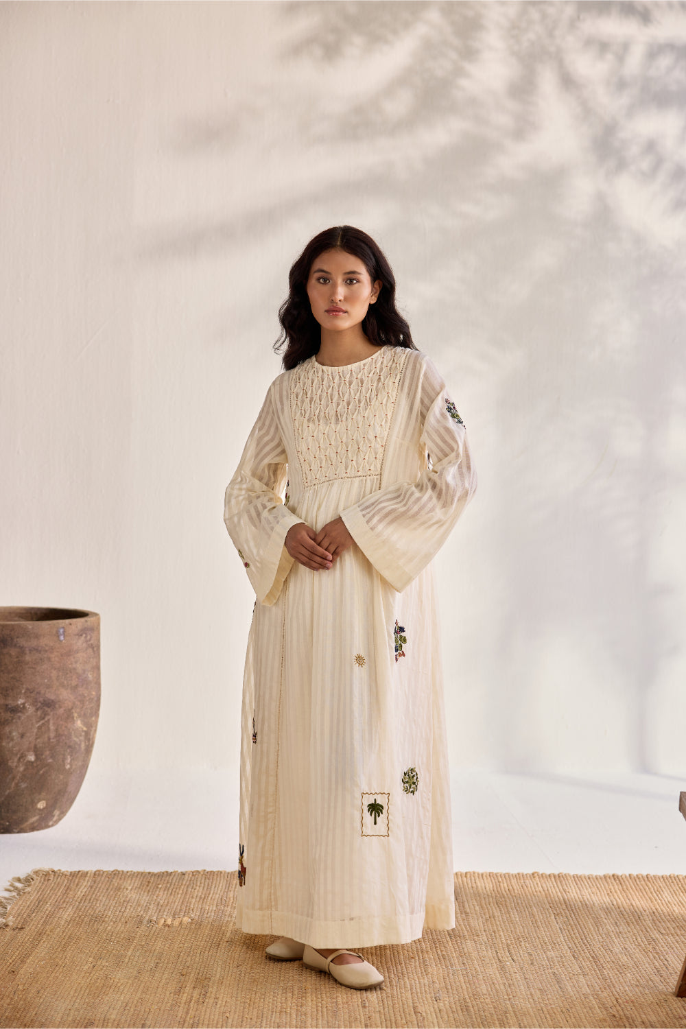 Ecru woven striped cotton embroidered relaxed midi